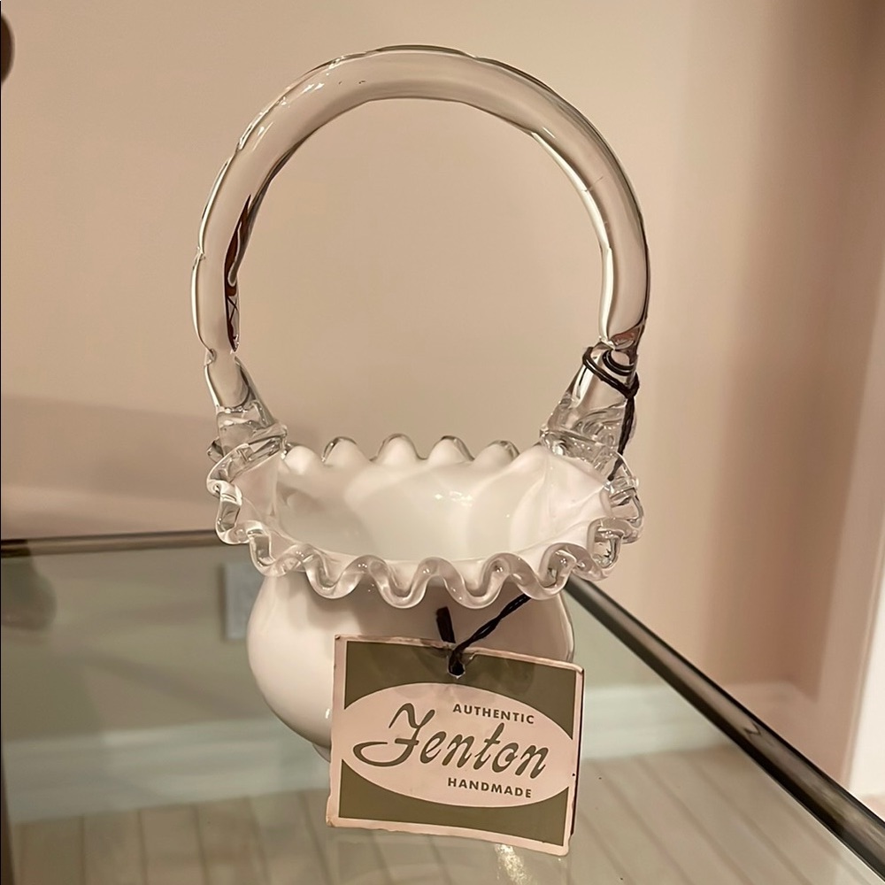 Fenton White Glass Basket Vase